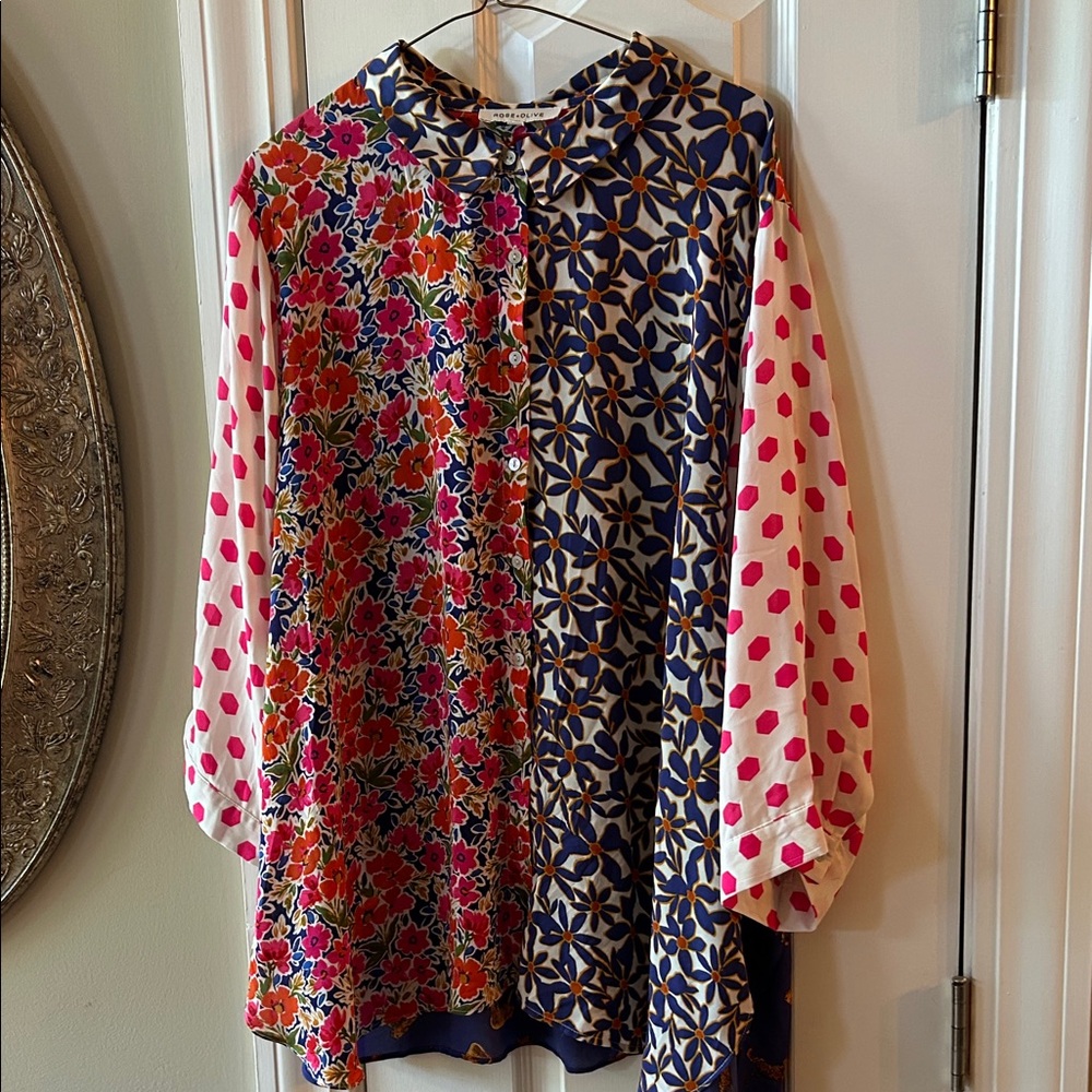 Rose and Olive Mixed Floral & Geometric Print Blouse in Navy, Pink & Cream